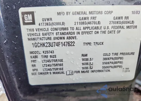 2004 Chevrolet Silverado K2500 Heavy Duty z USA, uszkodzony, nr VIN 1GCHK23U74F147622